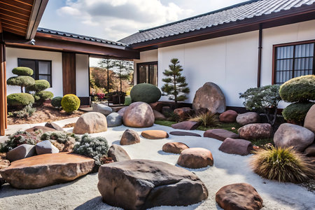 Beautiful landscaped Japanese garden with stone and landscaped pebblesの写真素材