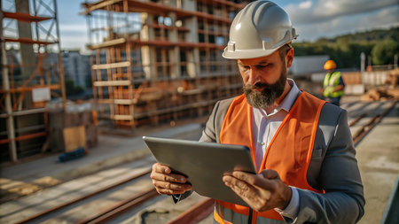 Architect working on tablet at construction site. Portrait of mature bearded man in safety vest and hardhat using digital tablet.の写真素材