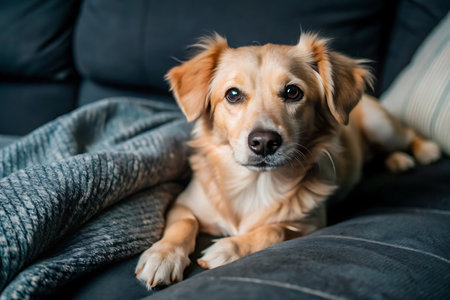 Cute Golden Retriever dog lying on sofa in living roomの写真素材