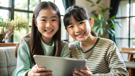 Two asian little girls using digital tablet in the living room at homeの写真素材