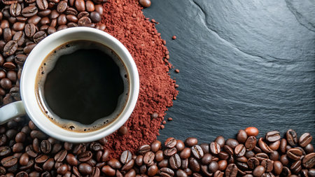 Coffee cup and coffee beans on black stone background, top viewの写真素材