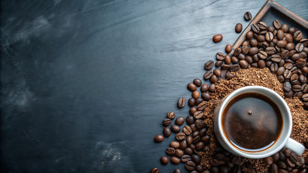 Coffee beans and ground coffee on black background with copy spaceの写真素材