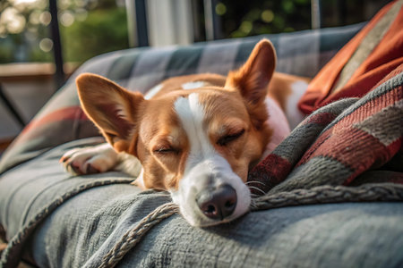 Portrait of cute dog lying on sofa in living room at homeの写真素材