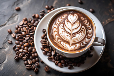 Coffee cup with latte art and coffee beans on dark backgroundの写真素材
