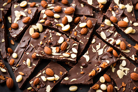 Pieces of chocolate with nuts on a black background, top viewの写真素材