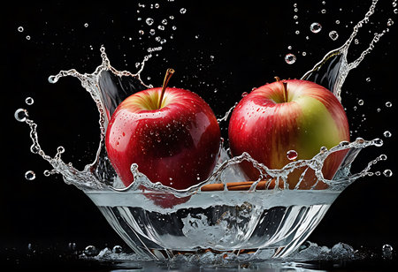 Water splash and red apples. Isolated on a black background.の写真素材