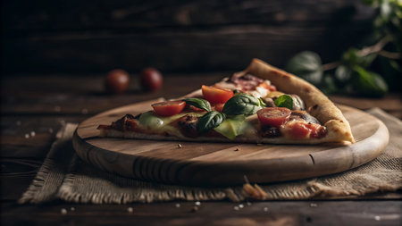 Pizza with mozzarella, tomatoes and basil on wooden backgroundの写真素材