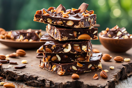 Chocolate bars with nuts on wooden background. Selective focus.