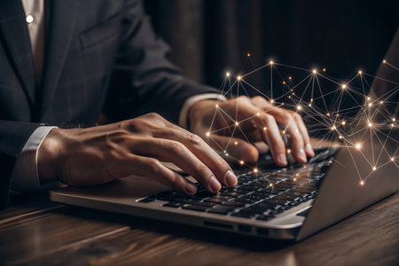 Close up of male hands typing on laptop keyboard. Internet connection conceptの写真素材