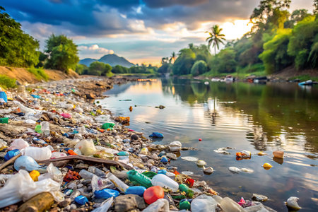 Polluted river bank with garbage. Pollution of environment concept.の写真素材