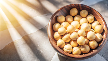 Wooden bowl with macadamia nuts on the table in sunlight.の写真素材