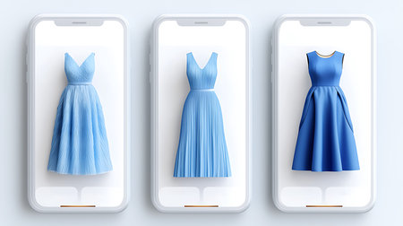 Set of blue dresses on a white background. 3d illustration.
