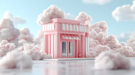 3d illustration of a pink building in the sky with clouds.の写真素材