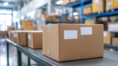 Boxes on conveyor belt in warehouse, freight transportation and distribution warehouse