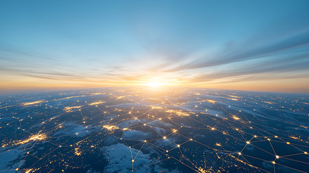 Global network connection over the planet Earth at sunset. 3D renderingの写真素材