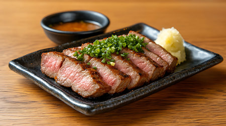grilled beef steak on black plate with sauce - Japanese food styleの写真素材