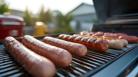 Close-up of sausages being grilled on a barbecue grillの写真素材