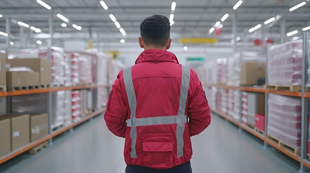 Rear view of Asian male warehouse worker standing in warehouse. This is a freight transportation and distribution warehouse. Industrial and industrial workers conceptの写真素材