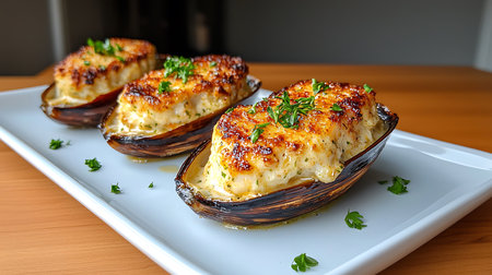 Baked mussels with cheese and parsley on a white plateの写真素材