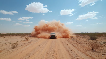 Car crash in the desert with dust on the ground. 3d renderingの写真素材