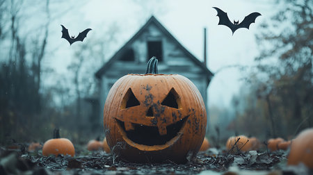 Halloween pumpkins and bats in front of old wooden house.の写真素材