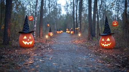 Halloween pumpkins with scary faces in the forest. 3d rendering
