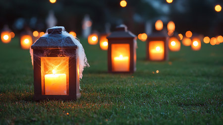 Lanterns with burning candles on the lawn at night.の写真素材