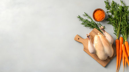 Raw chicken with vegetables on light background, top view. Space for textの写真素材