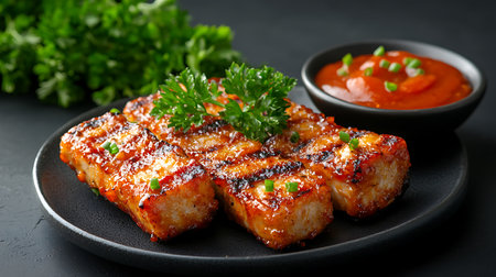 grilled fish with sauce and parsley on a black plate.の写真素材