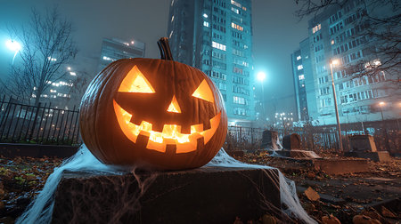 Halloween pumpkin on the background of the night city. 3d renderingの写真素材