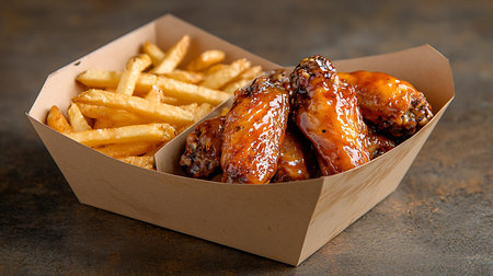 baked chicken wings with sesame seeds and french fries in paper box