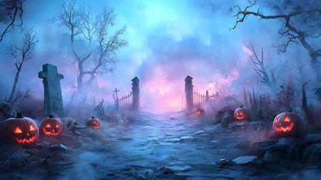 Halloween background with pumpkins in the fog, 3d render