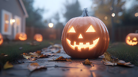 Halloween pumpkin head jack o lantern on the background of the houseの写真素材