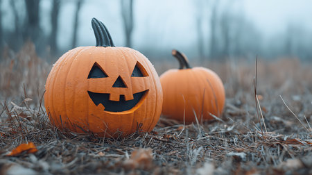 Halloween pumpkin with scary face on the ground in the autumn forestの写真素材