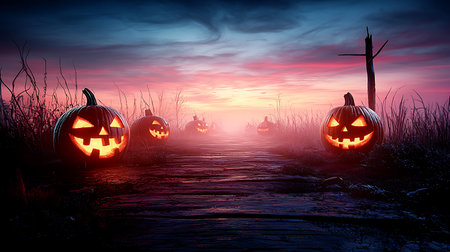 Halloween pumpkins in the field at sunset, 3d renderの写真素材
