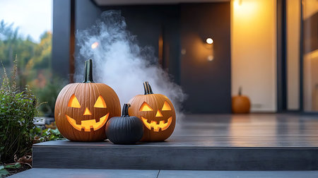 Halloween pumpkins with smoke on dark background, halloween concept