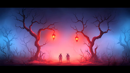 Halloween background with silhouettes of people in the forest. Vector illustration.