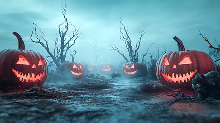 Halloween pumpkins in the forest, 3d render illustration.の写真素材