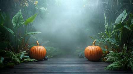 Halloween background with pumpkins and fog. 3d rendering.の写真素材