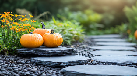 Three pumpkins on stone walkway in the garden. Halloween concept.の写真素材