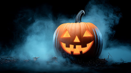 Halloween pumpkin with smoke on black background. 3D rendering.の写真素材