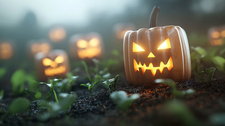 Halloween pumpkins in the garden. 3d render illustration.の写真素材