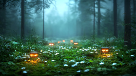 Glowing lanterns in the forest at night with foggy backgroundの写真素材