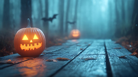 Halloween pumpkin with scary face in foggy forest. 3D renderingの写真素材