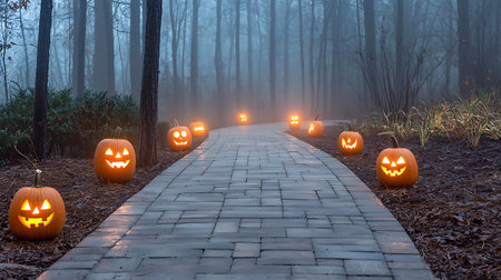 Halloween pumpkins on pathway in misty forest, Halloween holiday concept