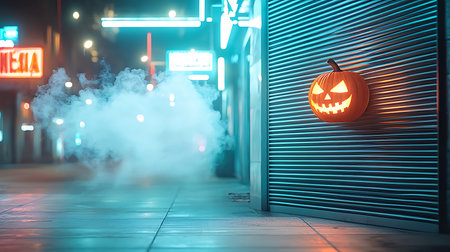 Halloween pumpkins and smoke on the street. 3d renderingの写真素材