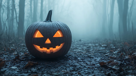 Halloween pumpkin with scary face in foggy forest. Halloween conceptの写真素材
