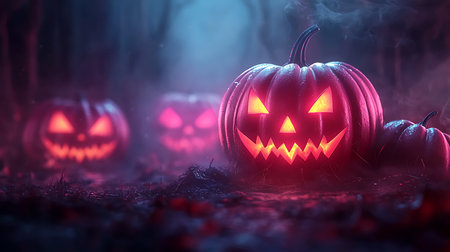 Halloween pumpkins with scary faces in foggy forest. 3D renderingの写真素材