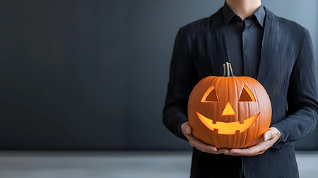 Halloween pumpkin in the hands of a man in a black shirtの写真素材