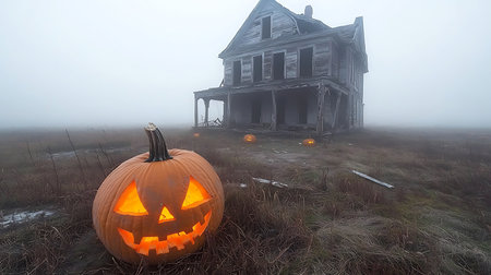 Halloween pumpkin in front of an old house in a foggy fieldの写真素材